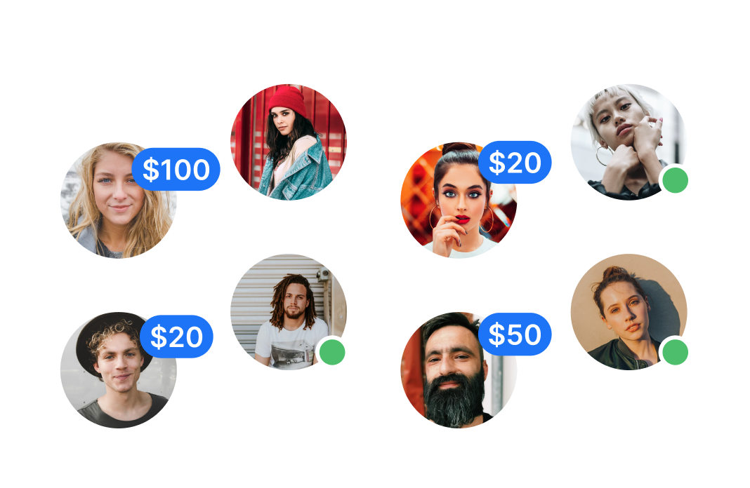 Group of users avatars with price tags and active green dots